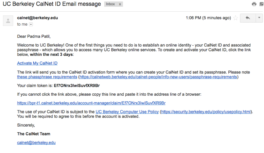 Email with link to activate calnet account and claim token 