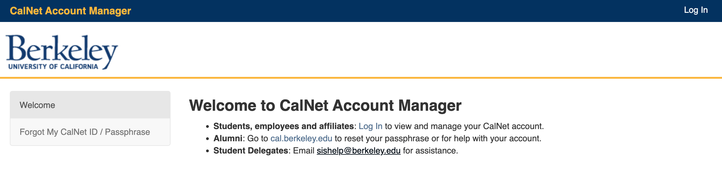 Shows home screen for mycalnet.berkeley.edu, including a login link, which allows access to CalNet applications
