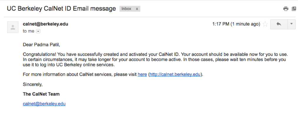  You have successfully activated your calnet ID