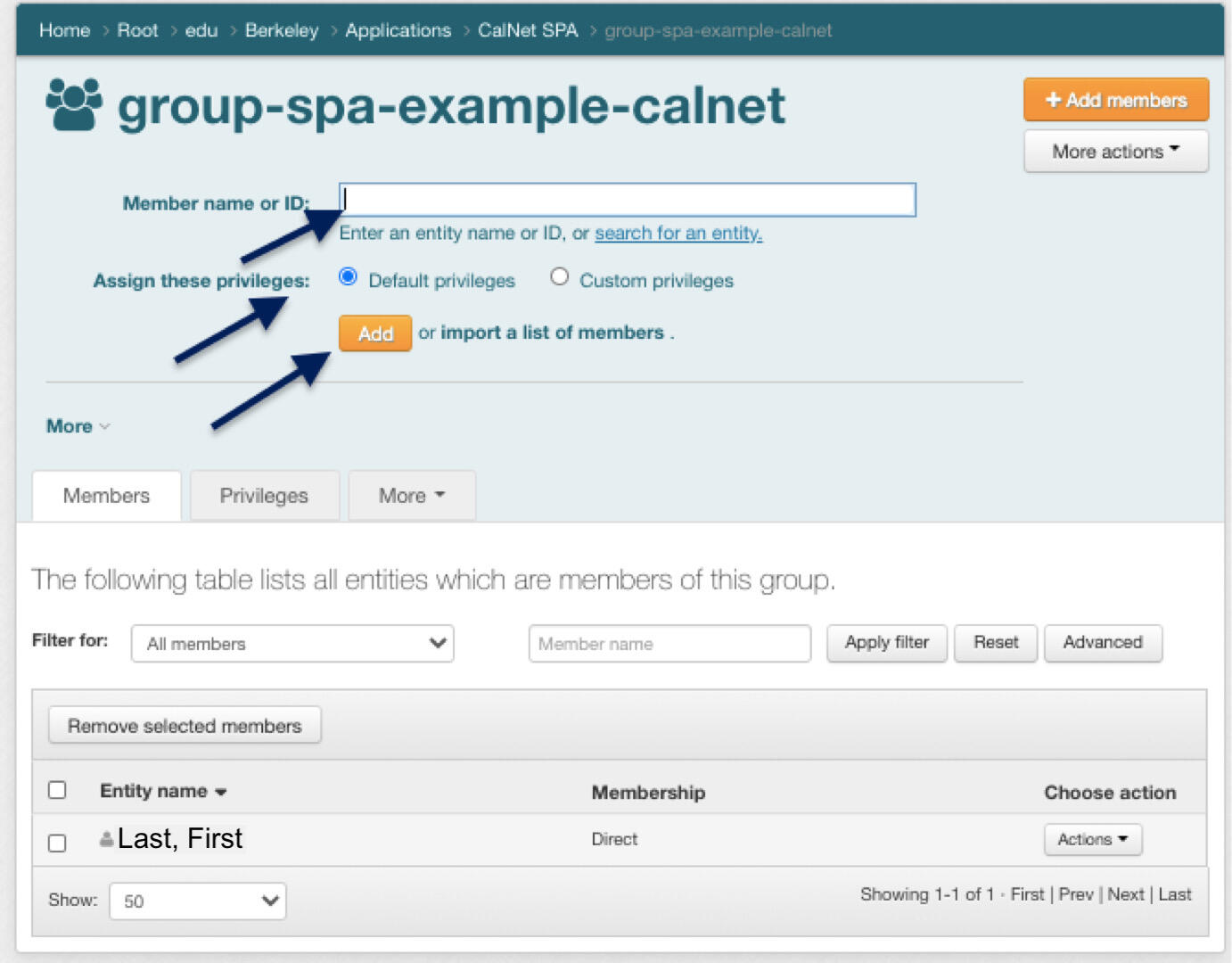 How to add a member Textbox for member name or ID, default privileges selected, arrow pointing to "add" button