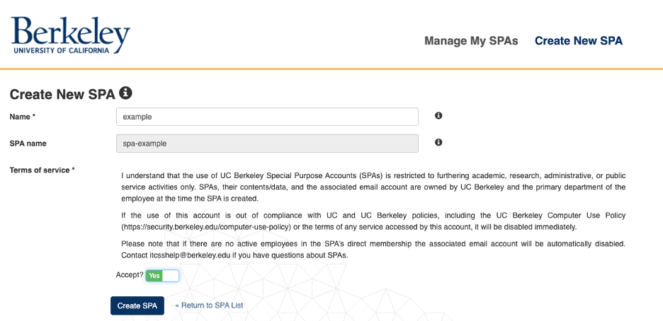 SPA form filled out and "accept" selected