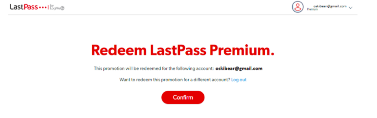 Redeem Lastpass Premium, Confirm button