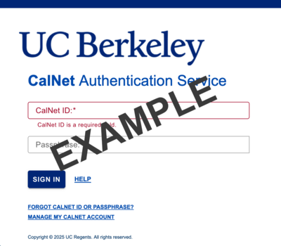 image of CAS page showing CalNet ID and passphrase have been entered