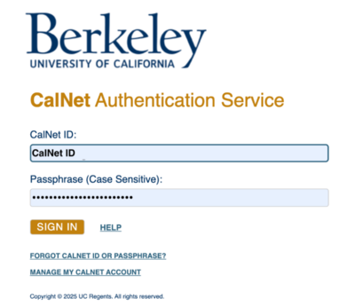 image of CAS page showing CalNet ID and passphrase have been entered