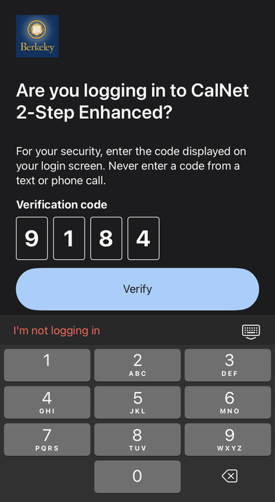 Iage showing 4-digit code being entered into the Duo app's text box 